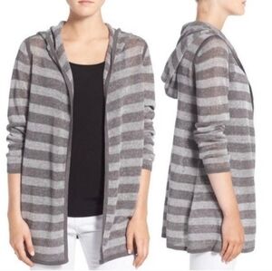 Eileen Fisher Organic Linen Striped Gray Cardigan Hoodie Sweater Lightweight L